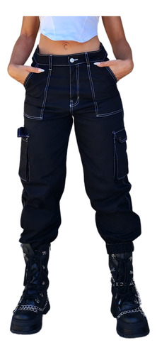 Curva De 5 Pantalones Mom Cargo Negro (jogger) -rígido