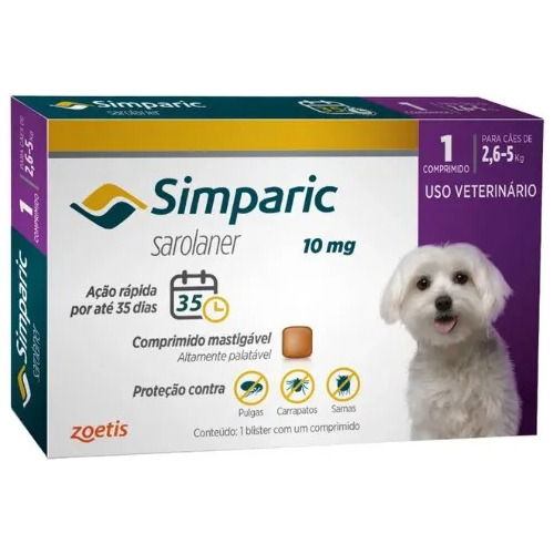 Antipulgas Simparic 10mg Cães 2,6 A 5kg 1 Comprimido