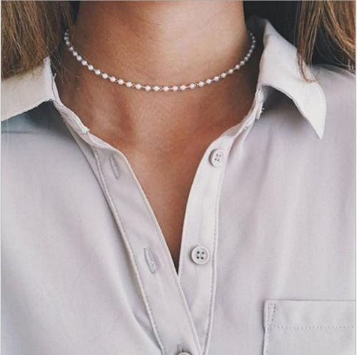 Vintage Style Simple 6mm Pearl Chain Choker Necklace