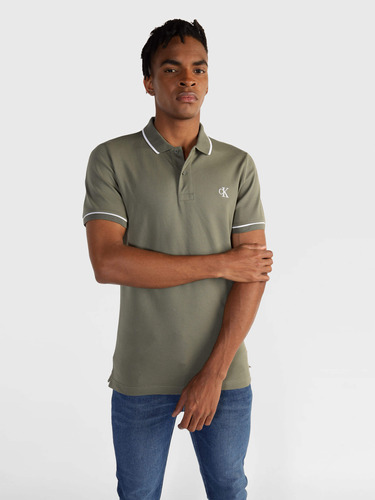 Polo Slim Verde Olivo Con Monograma Calvin Klein Para Hombre