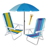 Kit 2 Cadeira Reclinável Alumínio Saca Areia Guarda Sol 1,8m