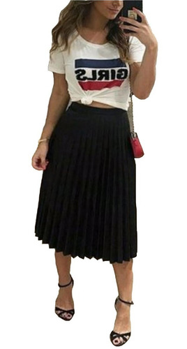 Saia Midi Plissada Moda Feminina Evangelica Crepe Com Forro 