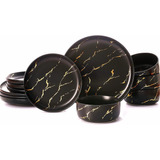 Set De Platos Vajilla Negro Porcelana 12 Pz Gold Splash