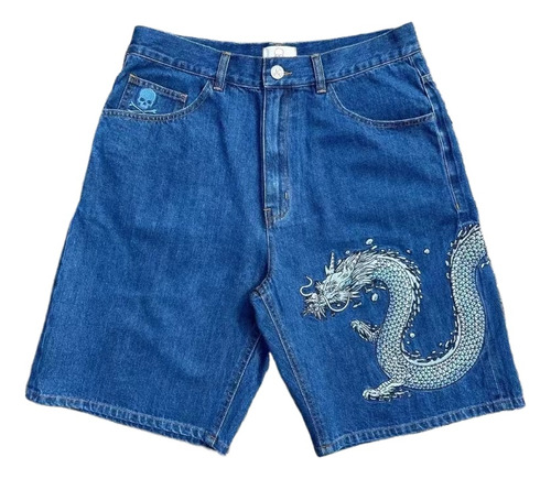 High Street Vintage Dragon Print Denim Shorts