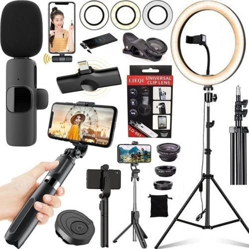 Kit Tripé Suporte Celular Luz Microfone Sem Fio Profissional