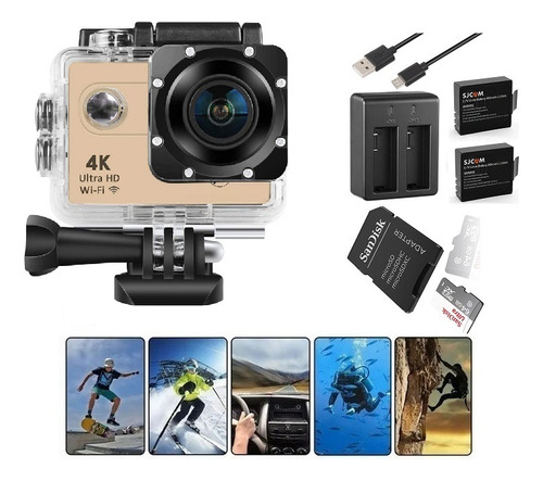 Câmera Filmadora Esporte 4k Dourada + Sd 64gb + 2 Baterias