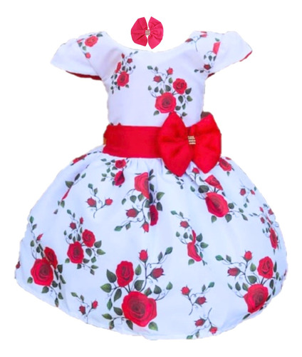 Vestido Infantil Festa Floral Natal Flores Luxo+brinde Tiara