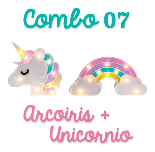 Combo 07 Unicornio + Arcoiris Multicolor Con Luces Candybar