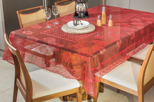 Toalha De Mesa Renda Vermelha De Natal 1,60x1,60 4 Cadeiras 