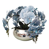 Arranjo Com 4 Orquídeas Azul Realistas No Vaso Prata