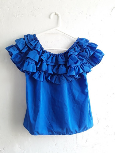 Blusa Volados Escote Elastizado Barco, Hermoso Tono De Azul