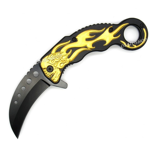 Canivete Faca Karambit Caveira Dourada Afiado + Clip. 