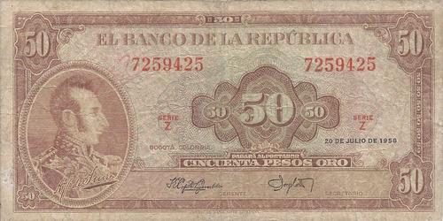 Colombia 50 Pesos Oro 20 De Julio 1958