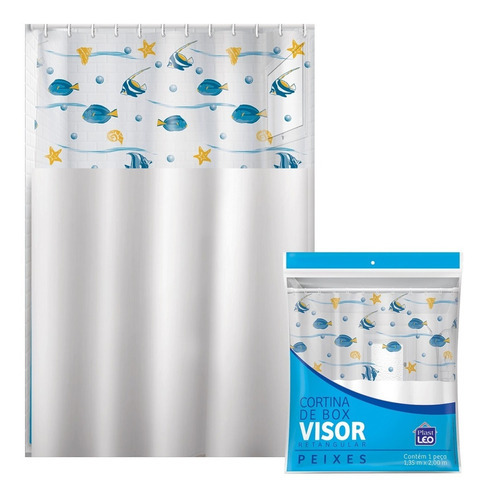 Cortina Para Box Vinil Impermeável Antimofo Visor 135x200cm Cor Azul Peixes