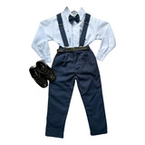 Conjunto Infantil Azul Marinho Camisa Branca Suspensorio