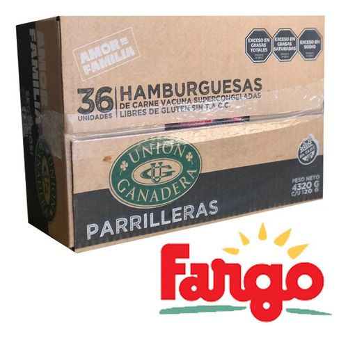 36 Hamburguesas 120 Gramos Unión Ganadera + Fargo + Aderezo