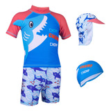 Traje De Baño Tiburon Cool  Niños Short + Playera + 2 Gorros