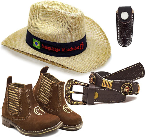 Kit Infantil Botina Cowboy Chapeu Mm Cinto Couro Bainha 