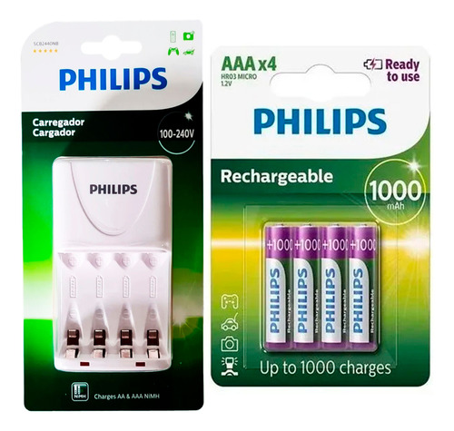 Carregador Philips 4 Pilhas Recarregáveis Aaa 1000mah Palito