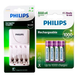 Carregador Philips 4 Pilhas Recarregáveis Aaa 1000mah Palito