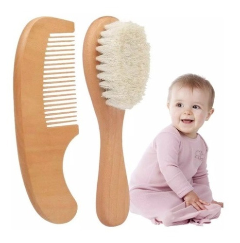 Kit Cepillo Lana Natural Y Peine De Madera Para Bebe 