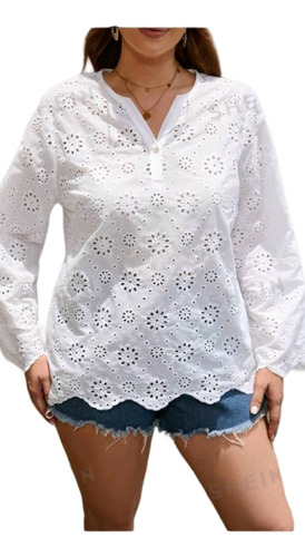 Camisola Plus Size De Broderie Blanco, Mangas Largas,2xl