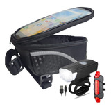 Kit Farol Frontal E Sinalizador  Bike + Bolsa Porta Celular