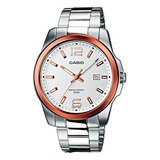 Reloj Casio Mtp-1296d-7a Sumergible 50m Correa Acero Inox. Color De La Malla Plateado Color Del Bisel Cobre Color Del Fondo Blanco