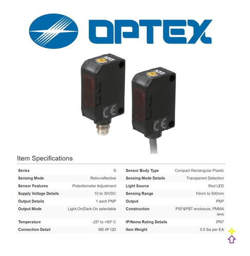 Sr-q50cpw Optex Sensor Fotoeléctrico Retro-reflectivo Pnp M8
