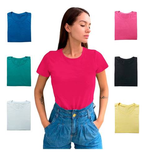 Kit 6 Blusas Básica Baby Look Algodão Feminina Escolha Cores