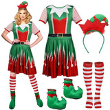 Disfraz De Elfo Para Mujer, 4 Piezas: Traje De Navidad, Disfraz De Halloween, Zapatos De Elfo, Diadema Navideña Y Medias A Rayas