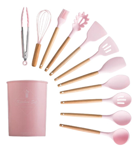 Set X12 Utensilios Cocina Silicona Mango Madera Base Cocina 