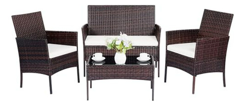 Set De Muebles De Patio 4 Piezas Rattan Pe Marrón/beige