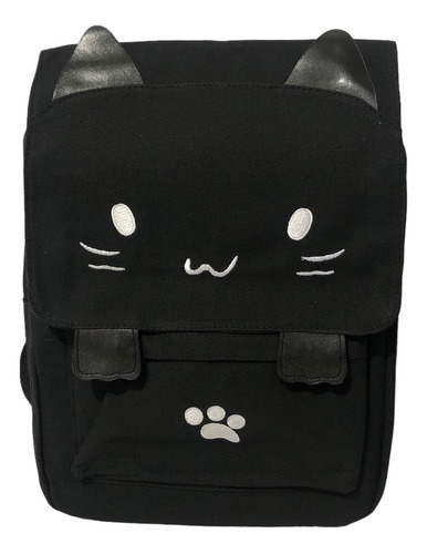 Mochila Backpack Escolar Kawaii Negra Gato Bordado Bco