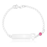 Pulseira Chapa Infantil Menina Pedra Rosa Prata 925