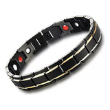 Pulseira Magn Preta Com Dourado Bracelete Aço Inox 316l Luxo