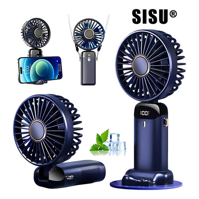 SISU® Ventilador De Mano Portátil Recargable 5 Velocidades Con Pantalla Digital Color Azul Marino Soporte Para Teléfono Móvil | MercadoLibre
