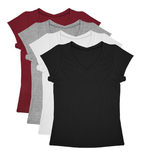 Kit 4 Camisetas Blusas Femininas Babylook Slim Gola V Básica