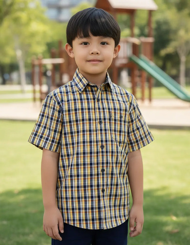 Camisa De Vestir Niño Naranja Cuadros Manga Corta 3858