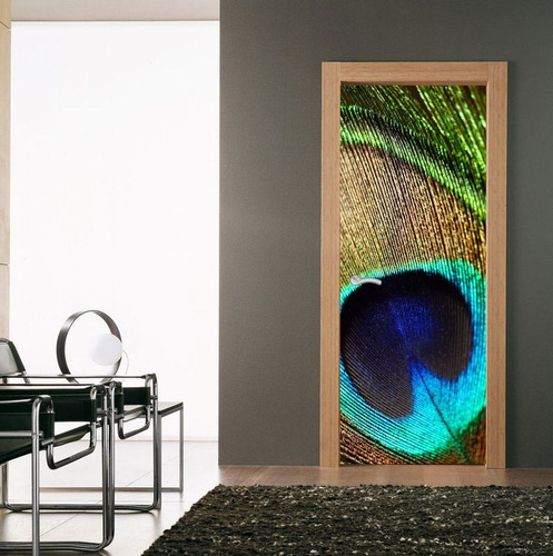 Vinilo Para Puerta Pluma Pavo Real Ave Animales Deco