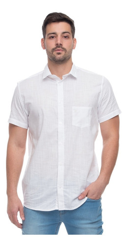 Camisa Manga Curta Branca Masculina Linho Lisa Praia