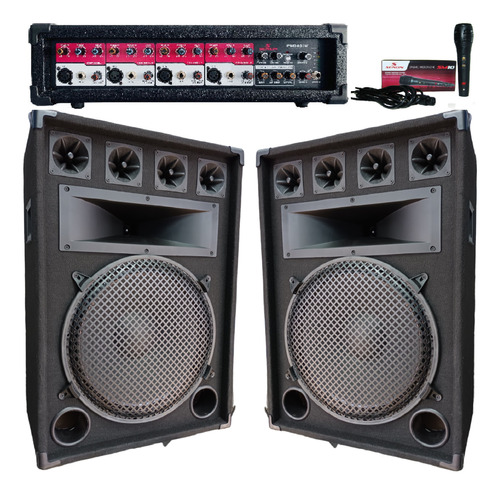 Combo2 Bafles 15puLG /driver1200w Consola Potenciada 4ch+mic