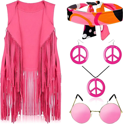 Juego De 6 Piezas Disfraz Hippie, Conjunto De Disfraz Hippie Rosa De Años 60 Y 70, Chalec Flecos Rosas, Collar Aretes De La Paz, Gafas De Sol,diadema
