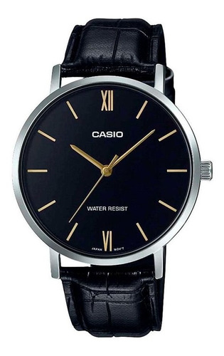 Reloj Pulsera Casio Reloj Ltp-vt01l-1budf De Cuerpo Color Dorado, Analógico, Para Mujer, Fondo Negro, Con Correa De Cuero Geniuno Color, Bisel Color Negro