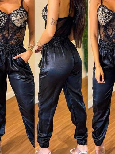 Babucha Pantalón Negra Cuerina Moda Mujer