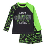 Traje De Baño De Niño Diseño Gamer Negro/ Verde  Manga Larga