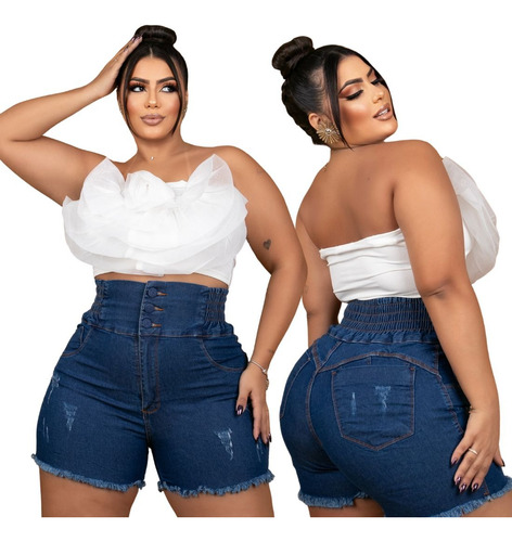 Short Jeans Plus Feminino Segura Barriga Lycra Elástico Top