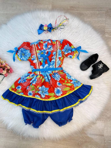 Vestido Infantil Junino Vermelho E Azul  Estampa Colorida