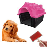 Kit Casinha Pet Proteção Uv N3 Rosa + Rasqueadeira Tira Pelo