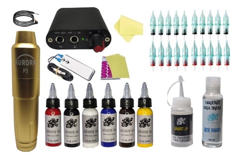 Kit Para Tatuar Con Maquina Pen Fuente Pedal Tinta Cartucho 